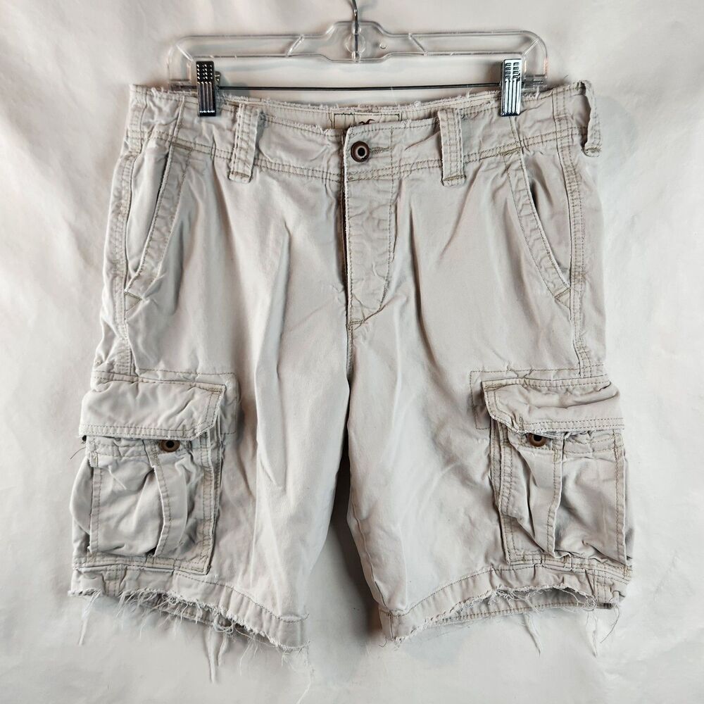 Hollister Cargo Shorts Mens 33 Khaki Distressed Frayed Utility Button Fly Surf